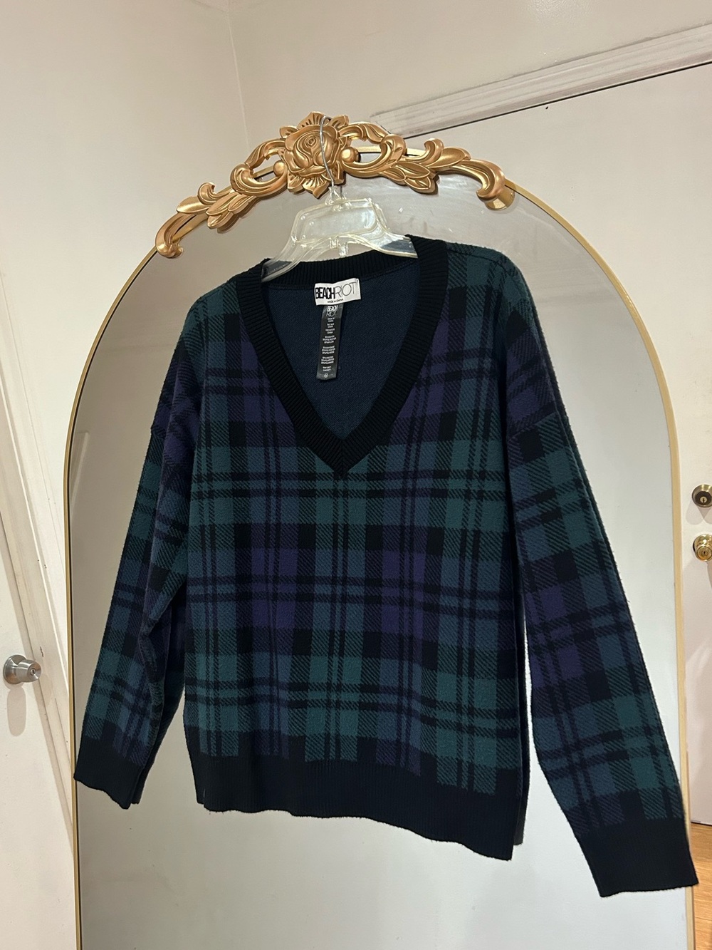 Beach Riot Joey Wintergreen Plaid V-Neck Sweater, Size M